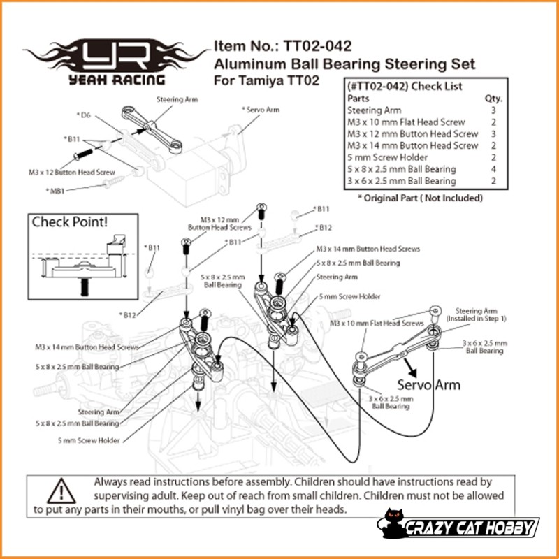 Aluminum Ball Bearing Steering Set For Tamiya TT02 - Yeah Racing TT02-042B